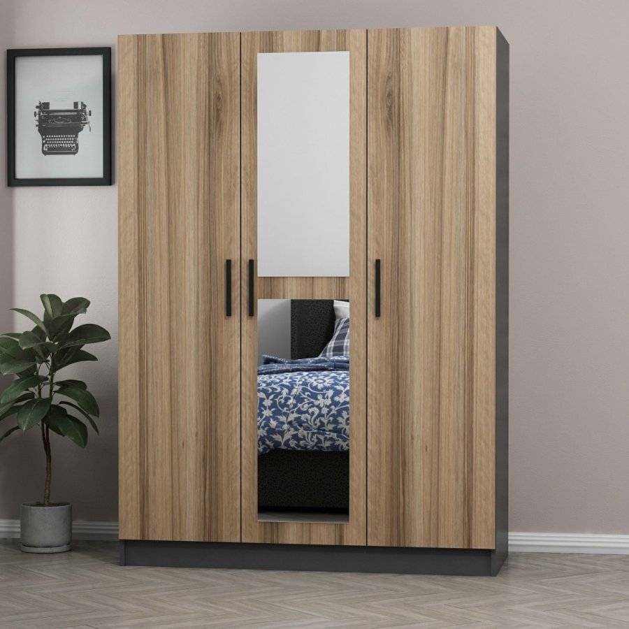 FUNZI LIVING 2262 garderobeskap, speil, 3 drer, hengestang, 2 skuffer, hyller - antrasitt/eik