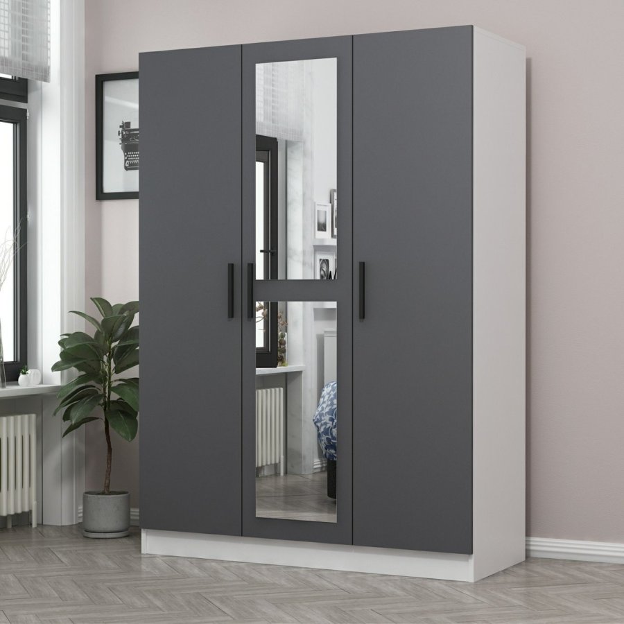 FUNZI LIVING 2263 garderobeskap, speil, 3 drer, 1 hengestang, 2 skuffer, hyller - antrasittgr/hvit