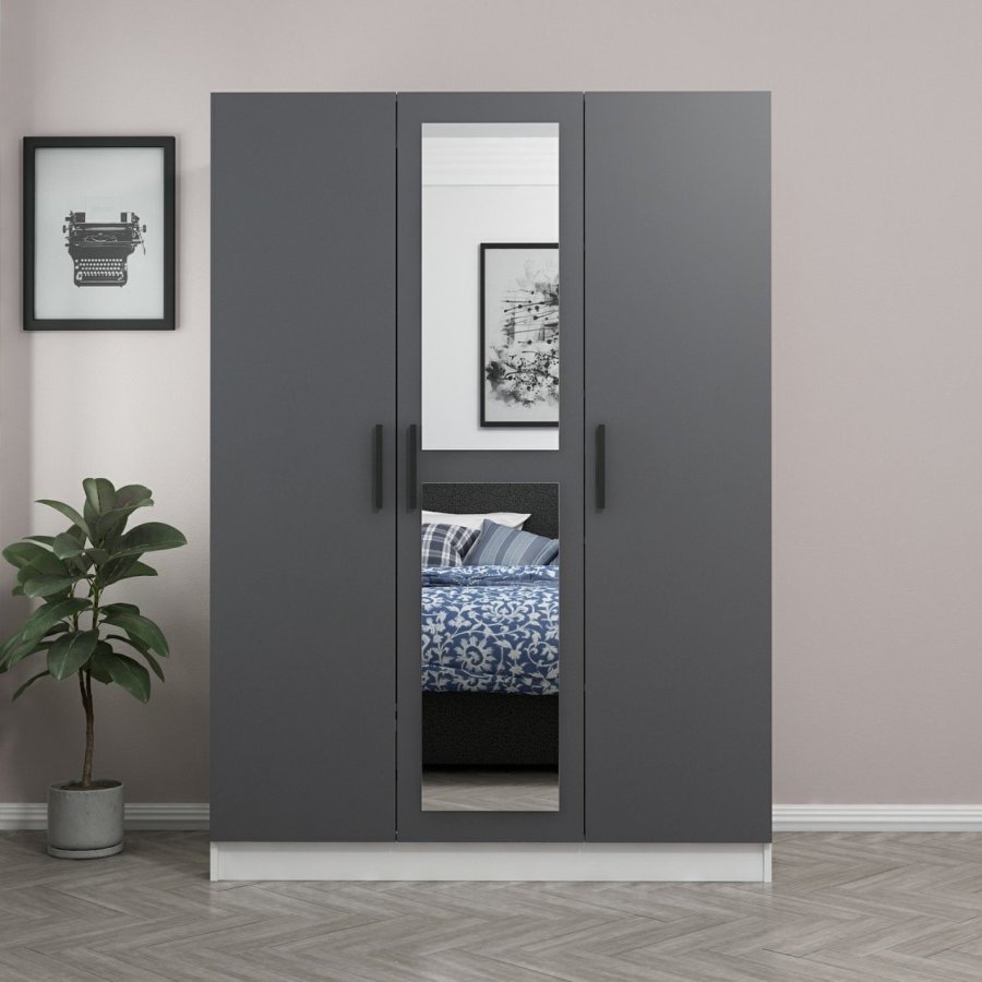 FUNZI LIVING 2263 garderobeskap, speil, 3 drer, 1 hengestang, 2 skuffer, hyller - antrasittgr/hvit