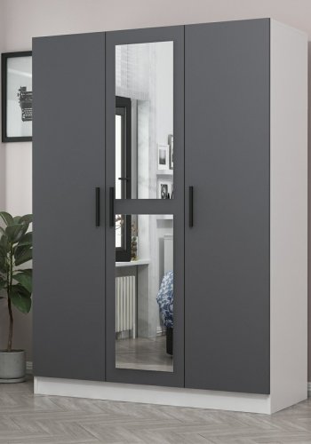 FUNZI LIVING 2264 Kleiderschrank, Spiegel, 3 Türen, 1 Kleiderstange, 2 Schubladen, Regale - Anthrazitgrau/Weiß