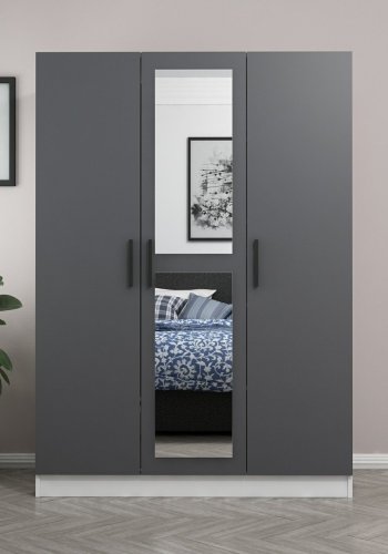 FUNZI LIVING 2264 Kleiderschrank, Spiegel, 3 Türen, 1 Kleiderstange, 2 Schubladen, Regale - Anthrazitgrau/Weiß