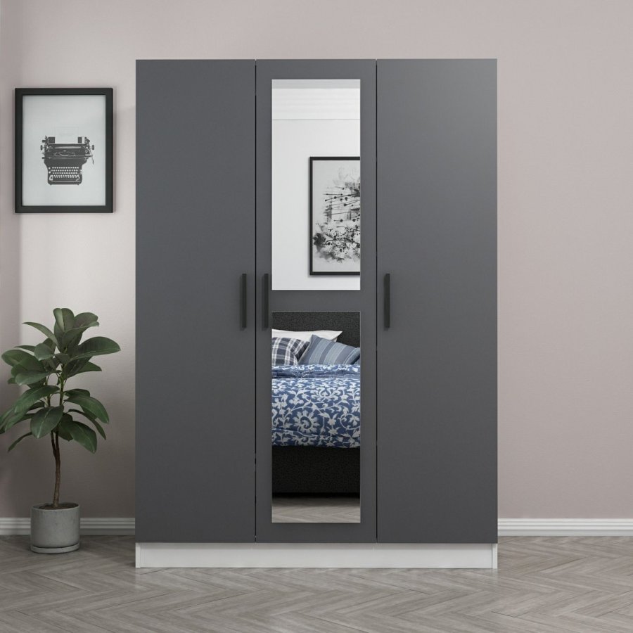 FUNZI LIVING 2264 Kleiderschrank, Spiegel, 3 Türen, 1 Kleiderstange, 2 Schubladen, Regale - Anthrazitgrau/Weiß