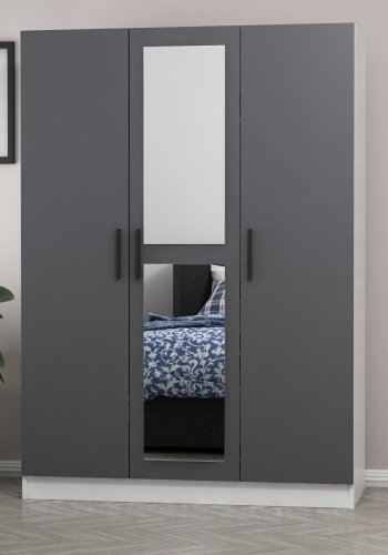 FUNZI LIVING 2264 Kleiderschrank, Spiegel, 3 Türen, 1 Kleiderstange, 2 Schubladen, Regale - Anthrazitgrau/Weiß