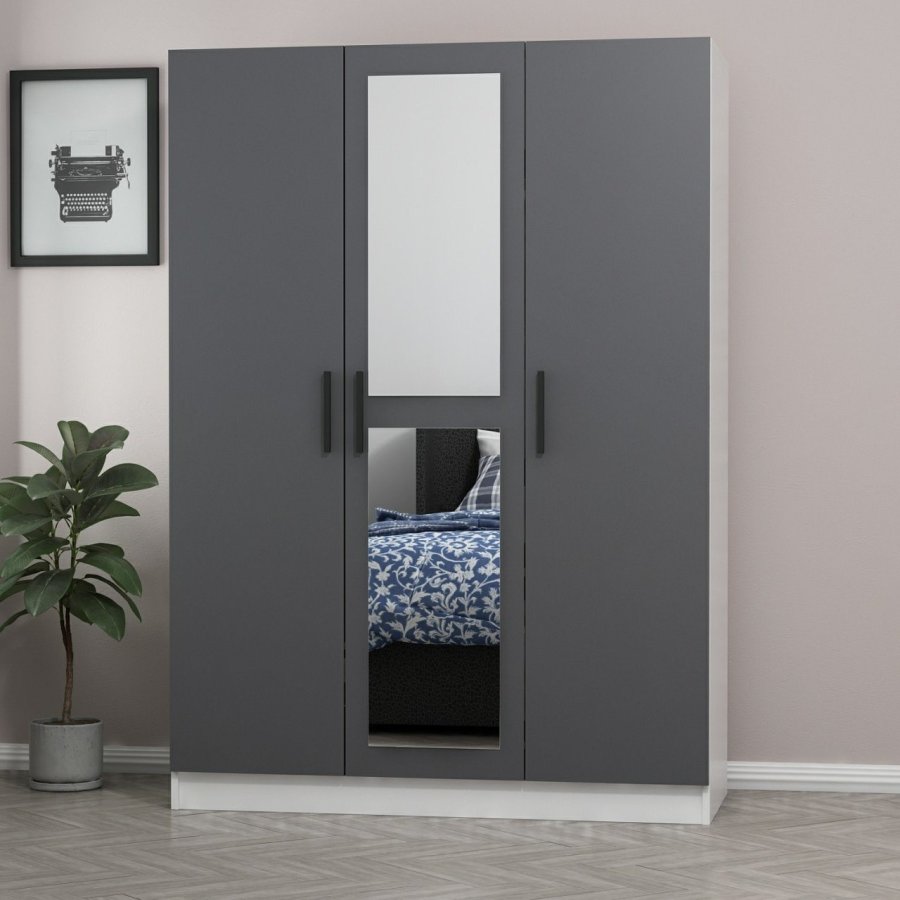 FUNZI LIVING 2264 Kleiderschrank, Spiegel, 3 Türen, 1 Kleiderstange, 2 Schubladen, Regale - Anthrazitgrau/Weiß