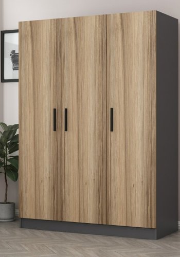 FUNZI LIVING 2267 garderobeskap, m. 3 drer, 1 hengestang, 2 skuffer, 4 hyller - antrasitt/eik farget