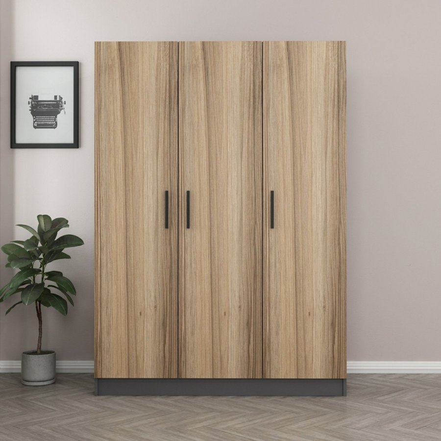 FUNZI LIVING 2267 garderobeskap, m. 3 drer, 1 hengestang, 2 skuffer, 4 hyller - antrasitt/eik farget