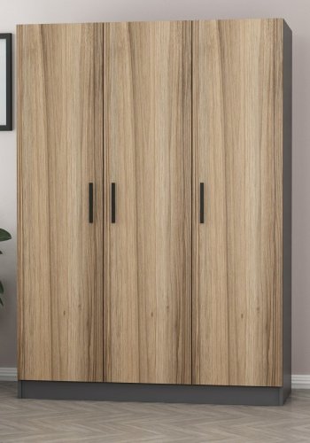 FUNZI LIVING 2267 garderobeskap, m. 3 drer, 1 hengestang, 2 skuffer, 4 hyller - antrasitt/eik farget