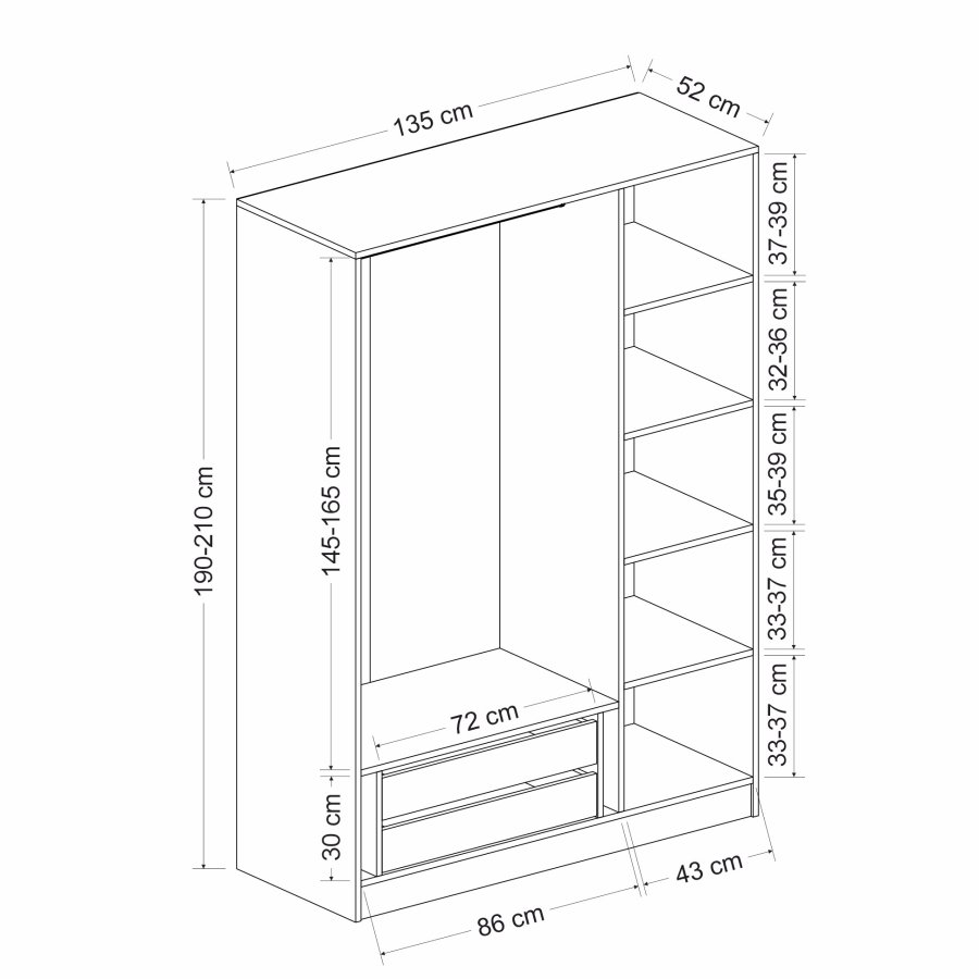 FUNZI LIVING 2267 garderobeskap, m. 3 drer, 1 hengestang, 2 skuffer, 4 hyller - antrasitt/eik farget