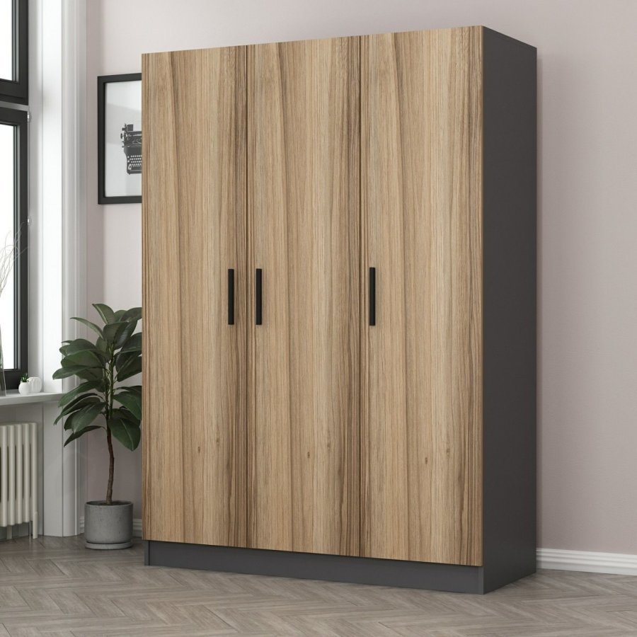 FUNZI LIVING 2268 garderobeskap, m. 3 drer, 1 hengestang, 2 skuffer, 4 hyller - antrasitt/eik farget