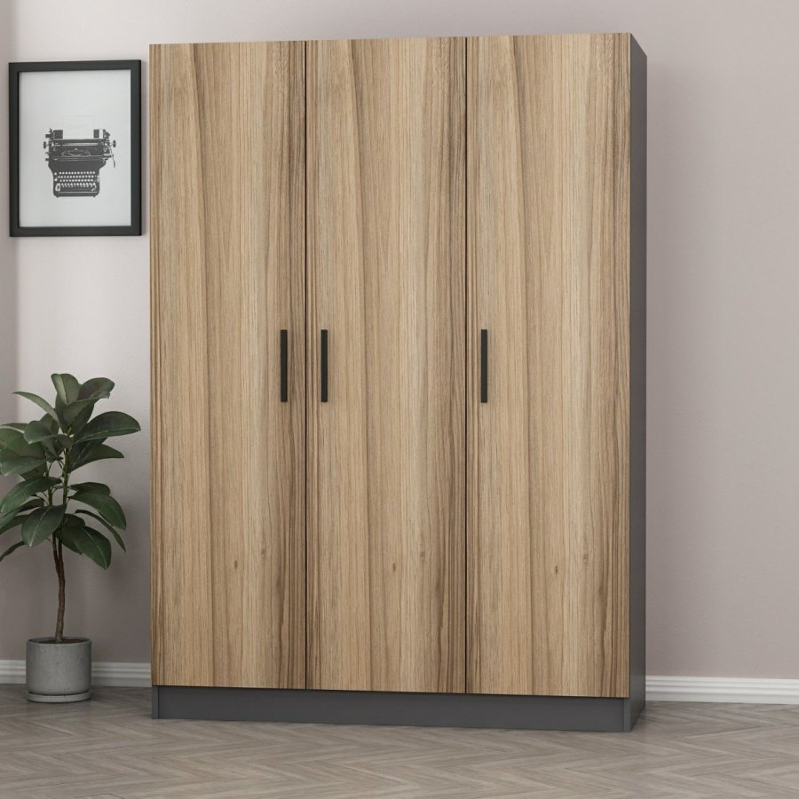 FUNZI LIVING 2268 garderobeskap, m. 3 drer, 1 hengestang, 2 skuffer, 4 hyller - antrasitt/eik farget