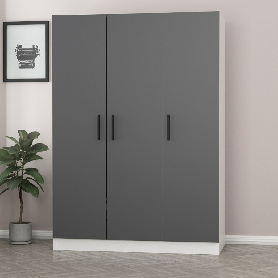 FUNZI LIVING 2269 garderobeskap, m. 3 drer, 1 hengestang, 2 skuffer, 4 hyller - antrasittgr/hvit