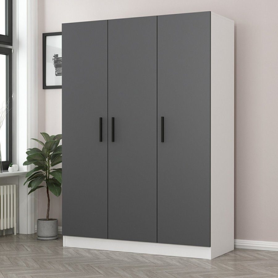 FUNZI LIVING 2270 garderobeskap, m. 3 drer, 1 hengestang, 2 skuffer, 4 hyller - antrasittgr/hvit