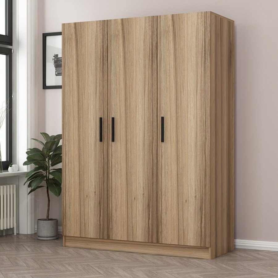 FUNZI LIVING 2281 garderobeskap, m. 3 drer, 1 hengestang, 2 skuffer, 4 hyller - eikefarget melamin