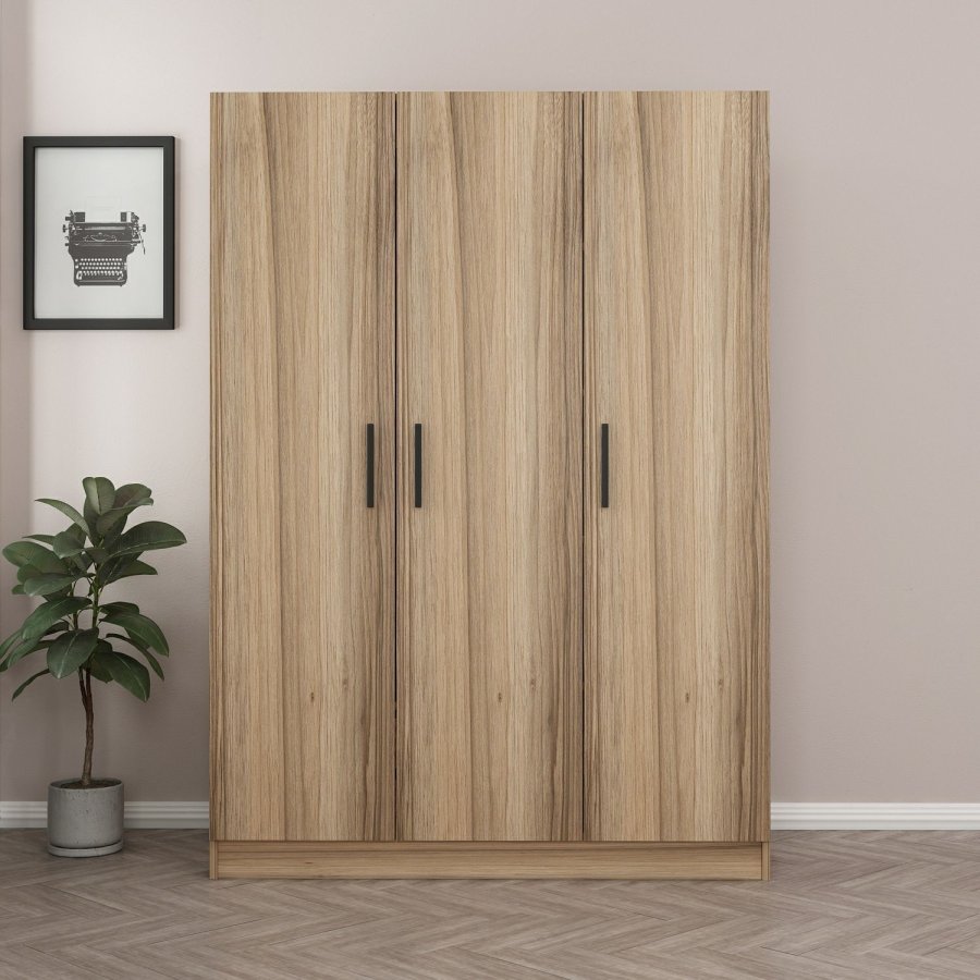 FUNZI LIVING 2281 garderobeskap, m. 3 drer, 1 hengestang, 2 skuffer, 4 hyller - eikefarget melamin