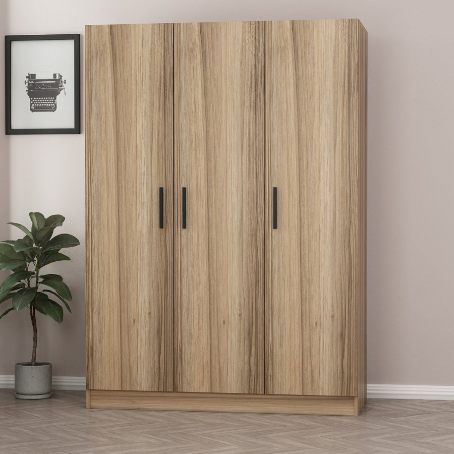 FUNZI LIVING 2281 garderobeskap, m. 3 drer, 1 hengestang, 2 skuffer, 4 hyller - eikefarget melamin