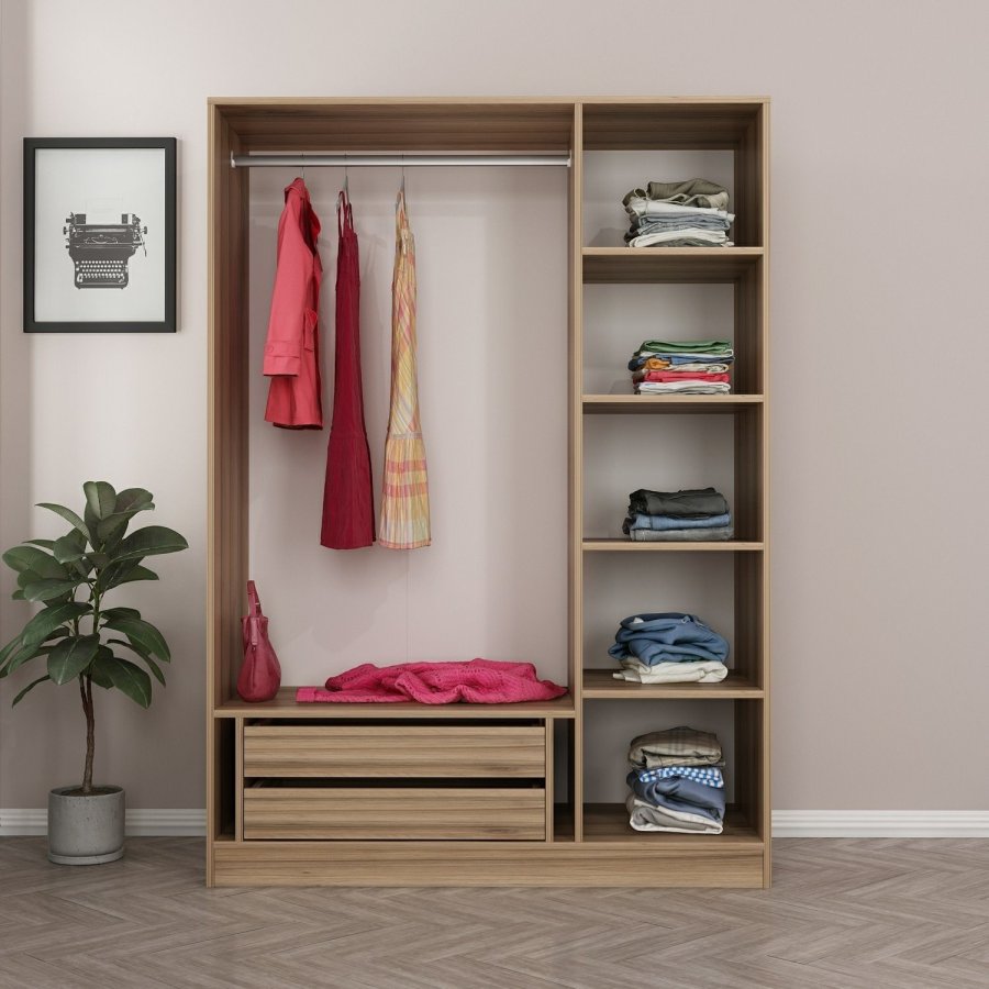 FUNZI LIVING 2281 garderobeskap, m. 3 drer, 1 hengestang, 2 skuffer, 4 hyller - eikefarget melamin