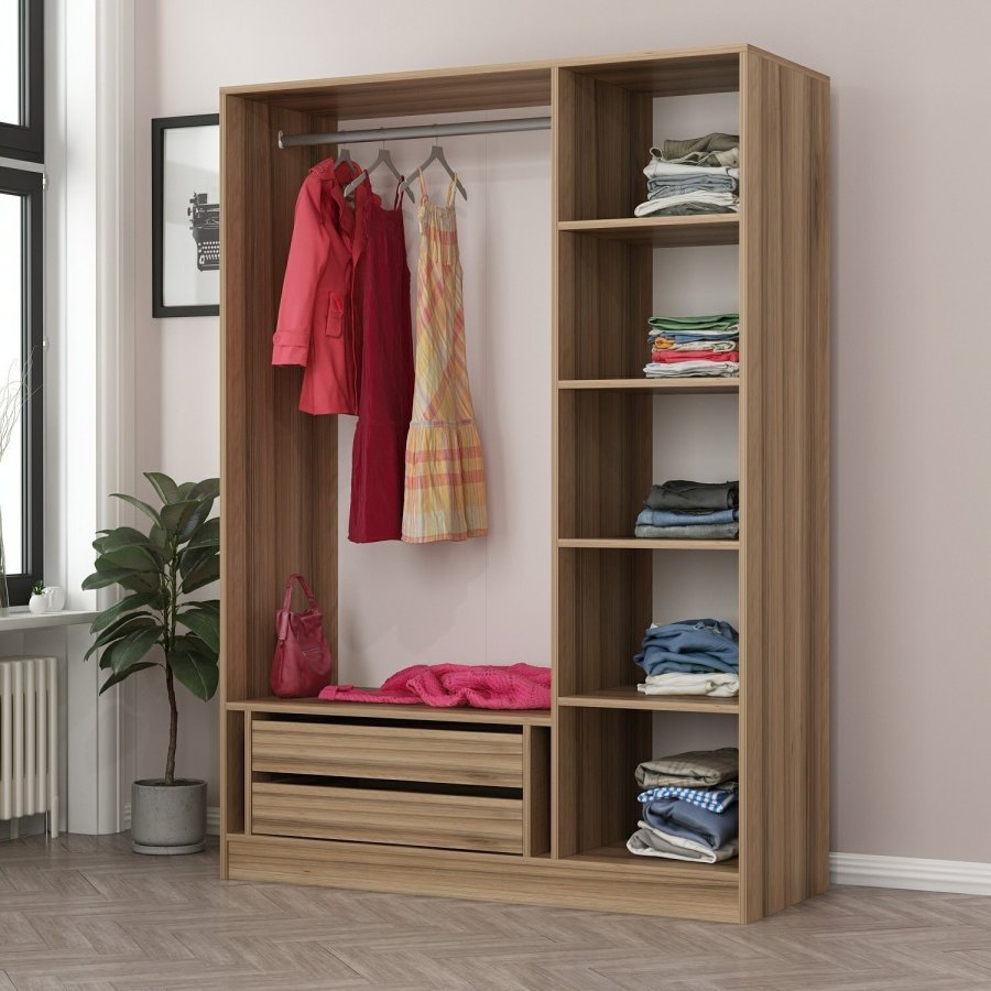 FUNZI LIVING 2282 garderobeskap, m. 3 drer, 1 hengestang, 2 skuffer, 4 hyller - eikefarget melamin