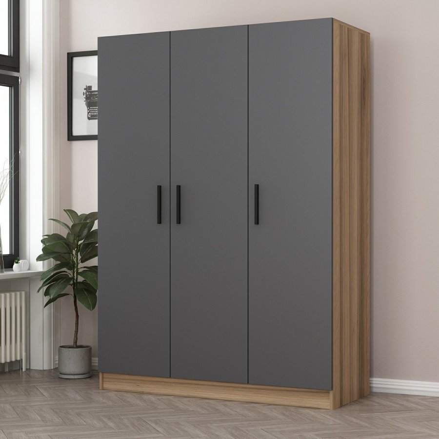 FUNZI LIVING 2284 garderobe, m. 3 drer, 1 hengestang, 2 skuffer, 4 hyller - antrasitt/eik farget