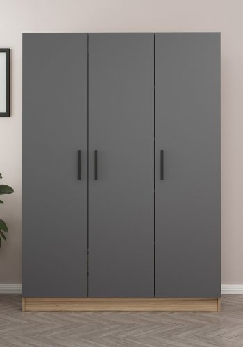 FUNZI LIVING 2284 garderobe, m. 3 drer, 1 hengestang, 2 skuffer, 4 hyller - antrasitt/eik farget