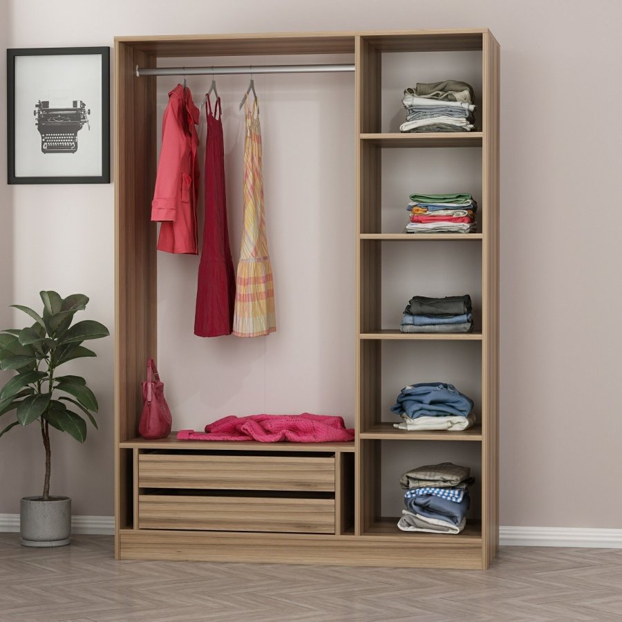 FUNZI LIVING 2284 garderobe, m. 3 drer, 1 hengestang, 2 skuffer, 4 hyller - antrasitt/eik farget
