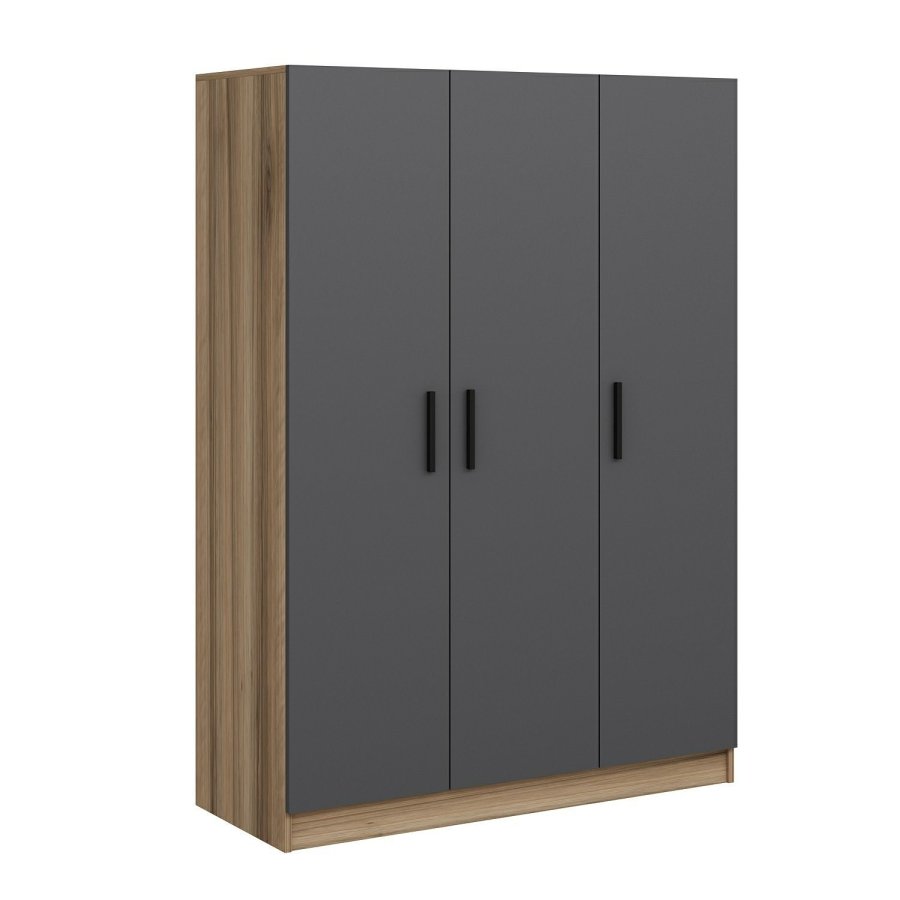 FUNZI LIVING 2284 garderobe, m. 3 drer, 1 hengestang, 2 skuffer, 4 hyller - antrasitt/eik farget
