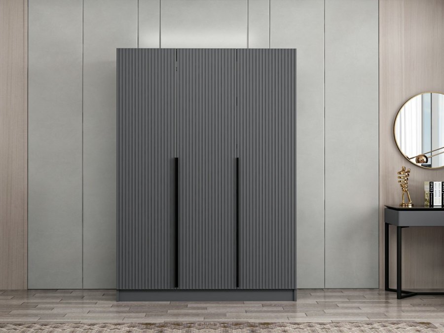 FUNZI LIVING 2287 garderobe, m. 3 drer, 1 hengestang, 2 skuffer, 4 hyller - antrasittgr melamin