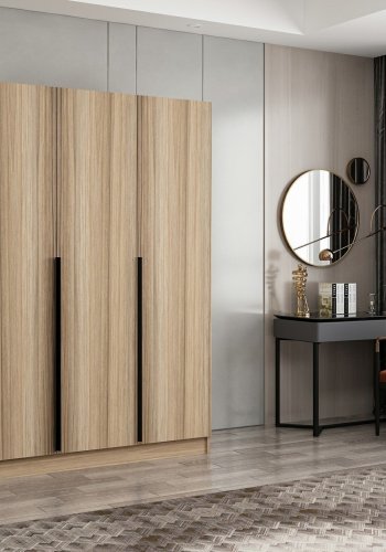 FUNZI LIVING 2289 garderobe, m. 3 drer, 1 hengestang, 2 skuffer, 4 hyller - eikefarget melamin