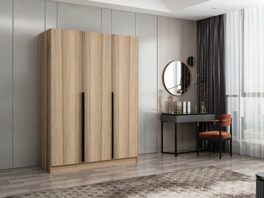 FUNZI LIVING 2289 garderobe, m. 3 drer, 1 hengestang, 2 skuffer, 4 hyller - eikefarget melamin