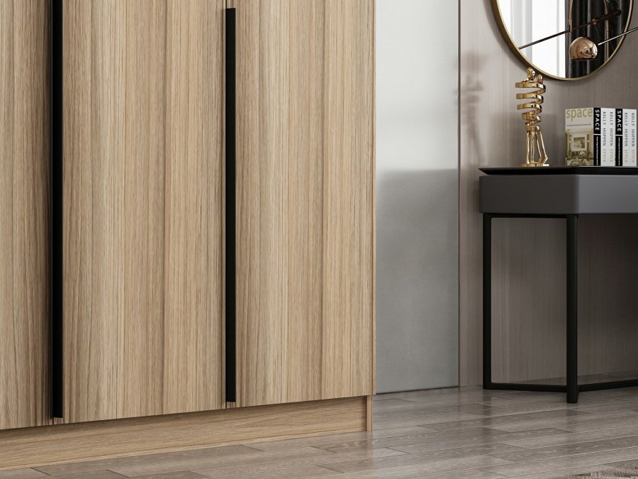 FUNZI LIVING 2289 garderobe, m. 3 drer, 1 hengestang, 2 skuffer, 4 hyller - eikefarget melamin