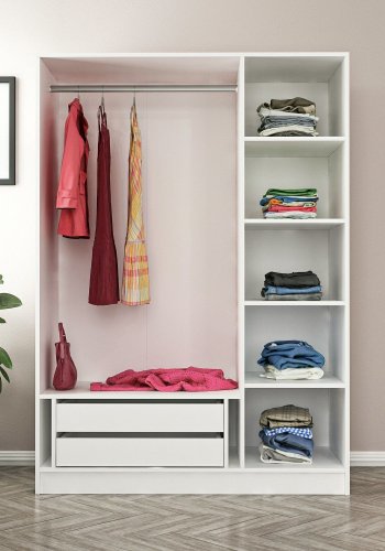 FUNZI LIVING 2291 garderobeskap, m. 3 drer, 1 hengestang, 2 skuffer, 4 hyller - hvit melamin