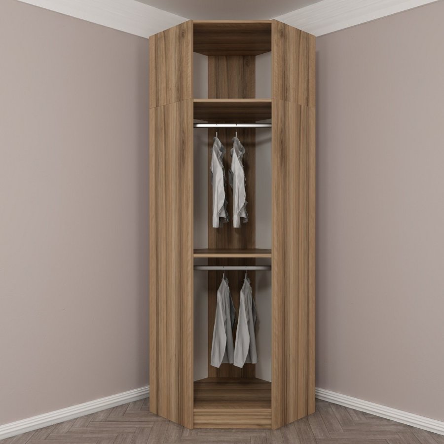 FUNZI LIVING 2302 hjrnegarderobe, m. 2 drer, 2 henger, 2 hyller - eikefarget melamin