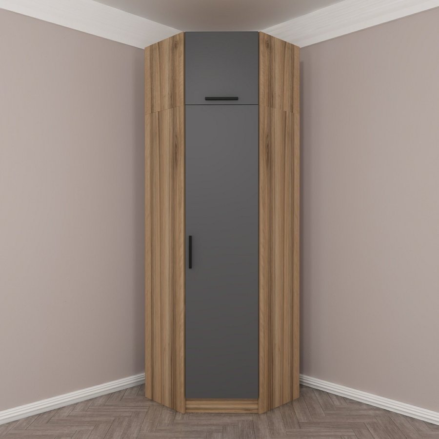 FUNZI LIVING 2304 hjrnegarderobe, m. 2 drer, 2 henger, 2 hyller - antrasittgr/eik farge