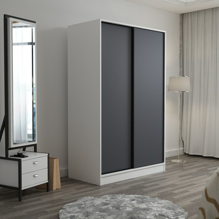 FUNZI LIVING 2308 garderobeskap, m. 2 skyvedrer, 1 hengestang, 5 hyller - hvit og antrasittgr