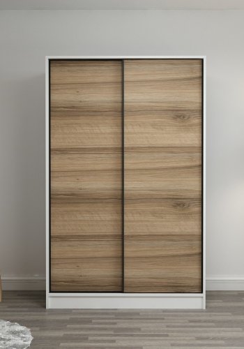 FUNZI LIVING 2310 garderobeskab, m. 2 skydelger, 1 bjlestang, 5 hylder - hvid og egefarvet melamin