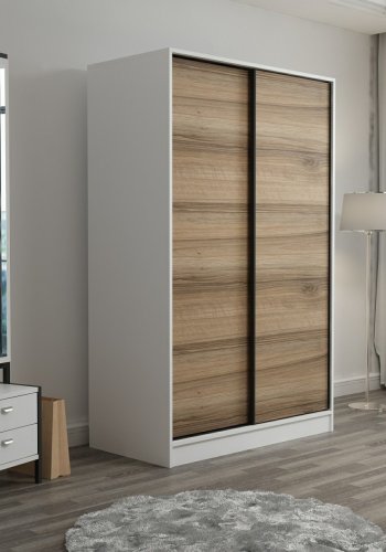 FUNZI LIVING 2310 garderobeskab, m. 2 skydelger, 1 bjlestang, 5 hylder - hvid og egefarvet melamin