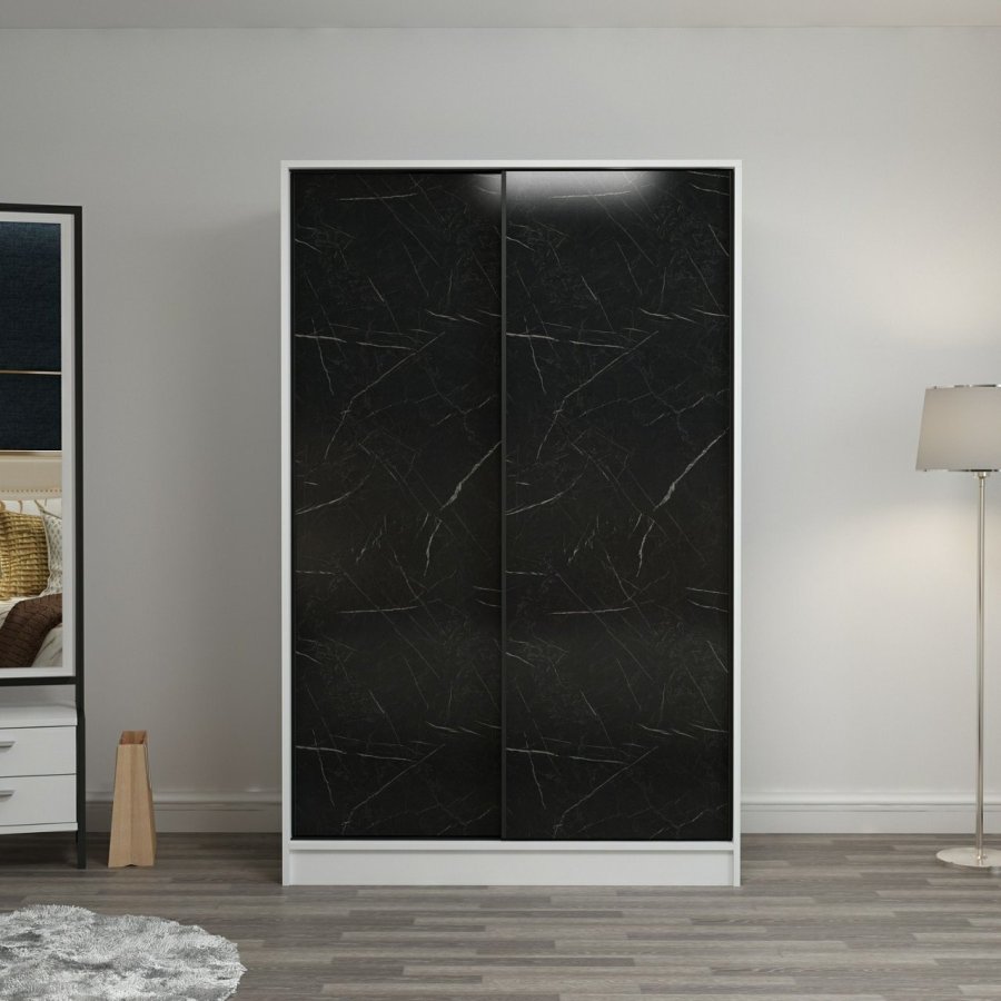 FUNZI LIVING 2313 garderobeskap, m. 2 skyvedrer, 1 hengerstang, 5 hyller - stein og hvit