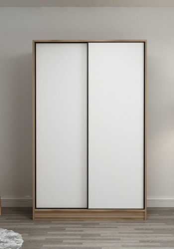 FUNZI LIVING 2315 garderobeskap, m. 2 skyvedrer, 1 hengestang, 5 hyller - hvit og eikefarget