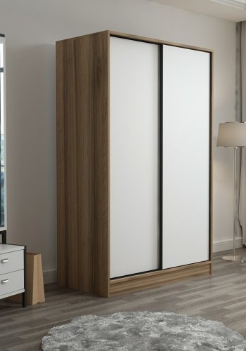 FUNZI LIVING 2315 garderobeskap, m. 2 skyvedrer, 1 hengestang, 5 hyller - hvit og eikefarget