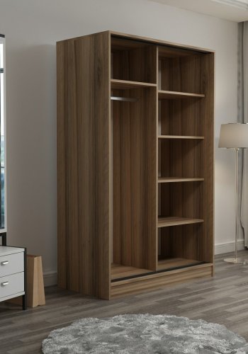 FUNZI LIVING 2315 garderobeskap, m. 2 skyvedrer, 1 hengestang, 5 hyller - hvit og eikefarget