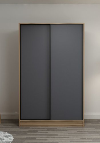 FUNZI LIVING 2317 garderobeskap, m. 2 skyvedrer, 1 hengestang, 5 hyller - antrasittgr og eikefarget