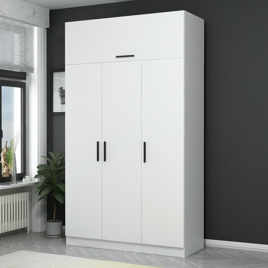 FUNZI LIVING garderobe 235,m. 4 drer, 1 hengestang, 2 skuffer, 5 hyller - hvit melamin