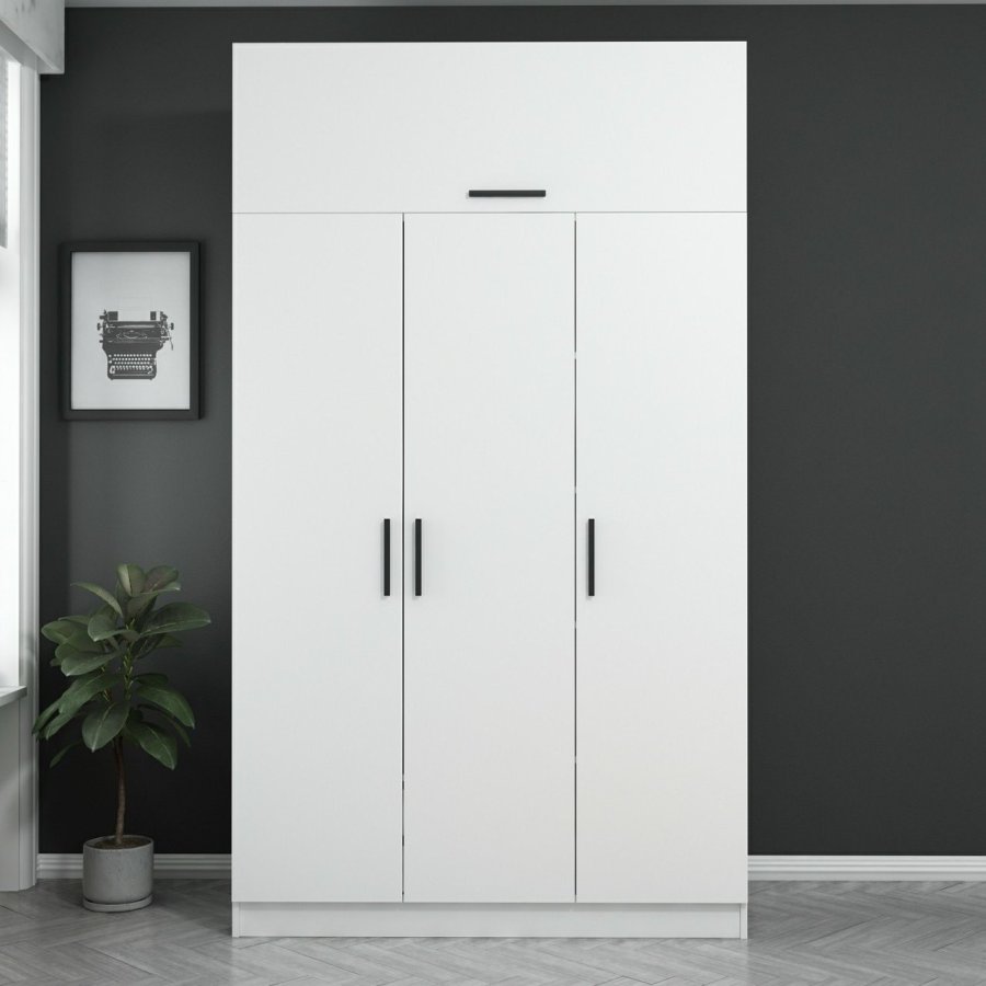 FUNZI LIVING garderobe 255,m. 4 drer, 1 hengestang, 2 skuffer, 5 hyller - hvit melamin