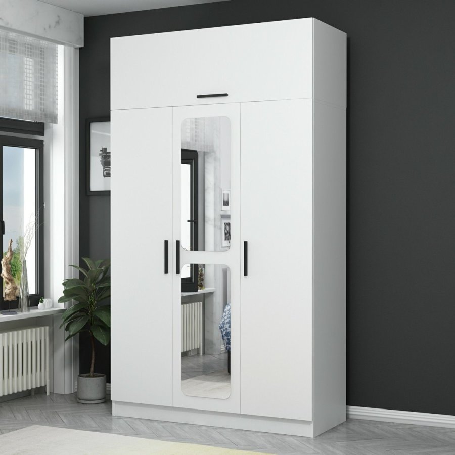 FUNZI LIVING Kapak 235 garderobeskap, m speil, 4 drer, 1 hengestang, 2 skuffer, 5 hyller - hvit