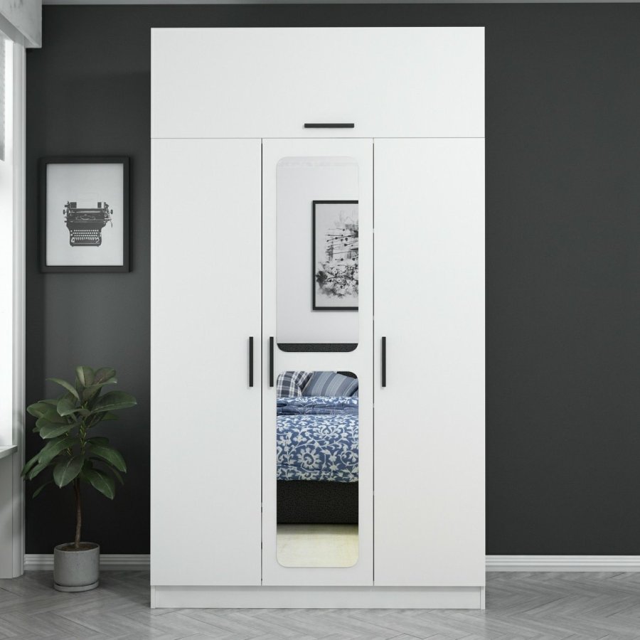 FUNZI LIVING Kapak 255 garderobeskap, m speil, 4 drer, 1 hengestang, 2 skuffer, 5 hyller - hvit