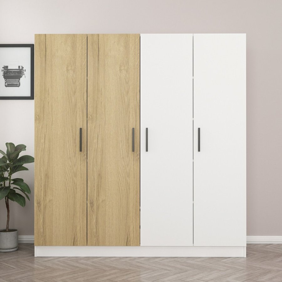 FUNZI LIVING 3954 garderobeskab, 4 låger, 1 bøjlestang, 2 skuffer - hvid/natur melamin