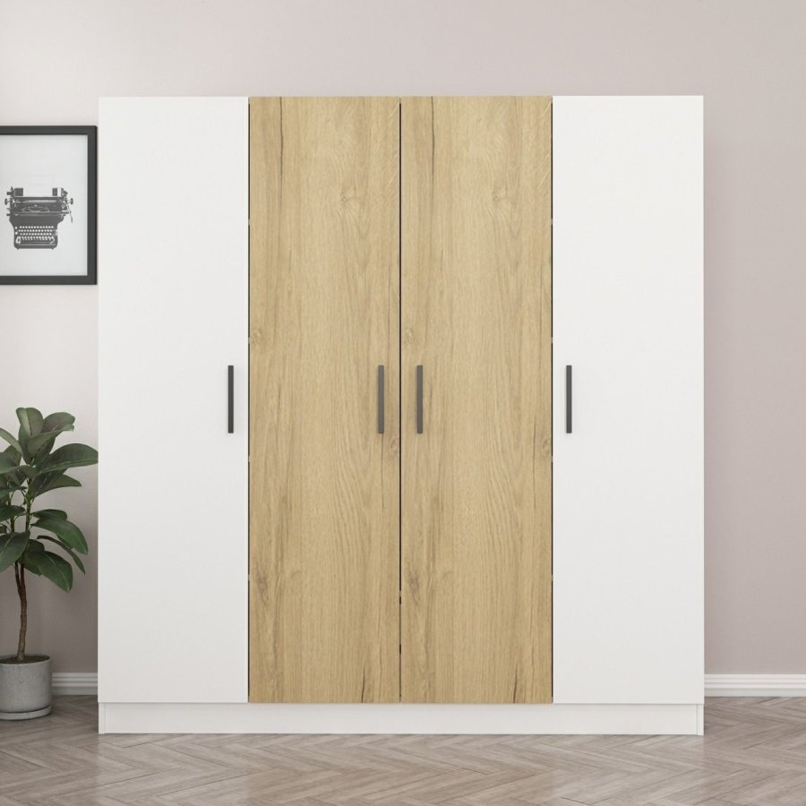 FUNZI LIVING 3954 garderobeskab, 4 låger, 1 bøjlestang, 2 skuffer - hvid/natur melamin