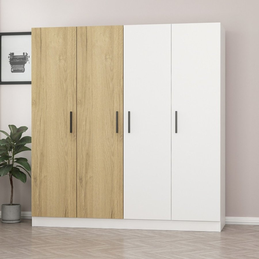 FUNZI LIVING 3954 garderobeskab, 4 låger, 1 bøjlestang, 2 skuffer - hvid/natur melamin