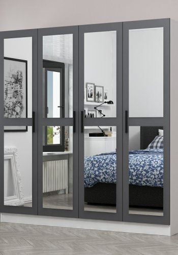 FUNZI LIVING 4958 garderobeskab, spejl, 4 låger, 1 bøjlestang, 2 skuffer - antracitgrå melamin