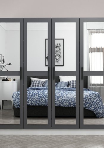 FUNZI LIVING 4958 garderobeskab, spejl, 4 låger, 1 bøjlestang, 2 skuffer - antracitgrå melamin