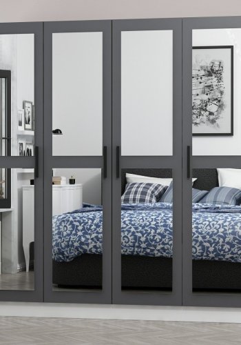 FUNZI LIVING 4958 garderobeskab, spejl, 4 låger, 1 bøjlestang, 2 skuffer - antracitgrå melamin